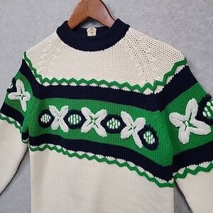Vtg 50s MARIANNE FASHIONS FairIsle Knit Ski Sweater Back Zip Cream‎ Navy Green L